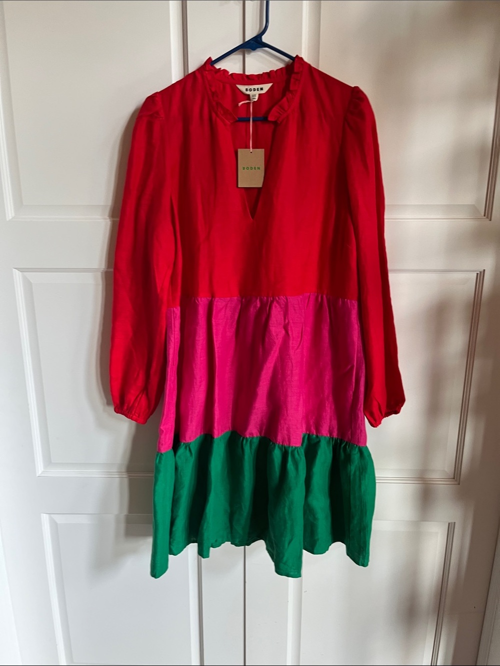 Boden Colorblock Ruffle-Neck Linen Dress in Red, Pink & Green